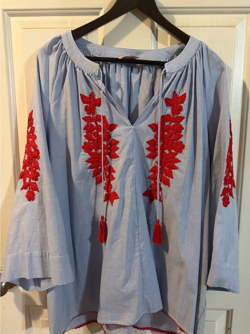 Philosophy Women’s Light Blue Peasant Top with Red Embroidery